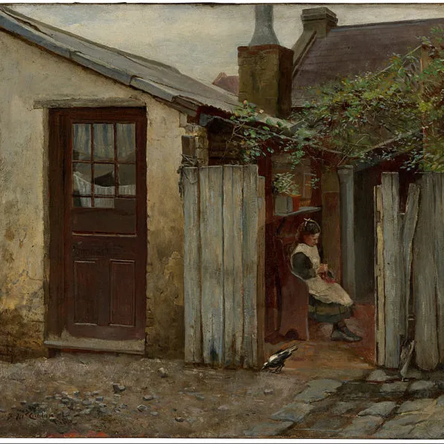 Girl with bird at the King Street bakery by Frederick McCubbin