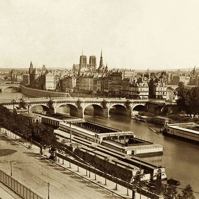 Seine with bridges, in the back Notre-Dame de Paris by Edouard Baldus